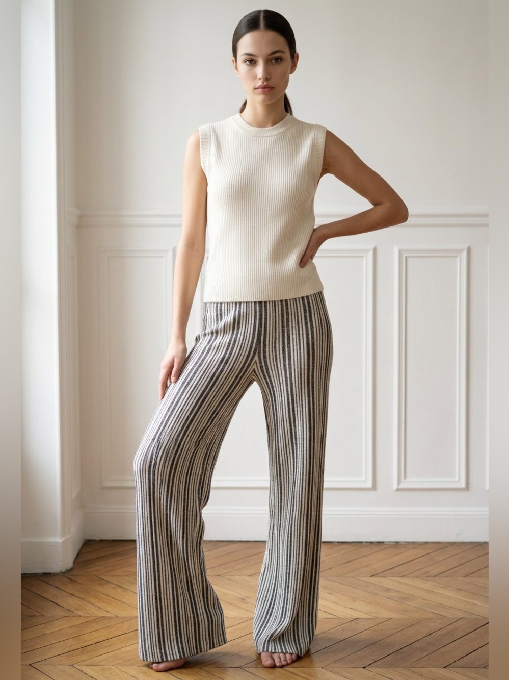 House of Harlow 1960 Metallic Vertical Stripe Knit Wide Leg Pants - Medium